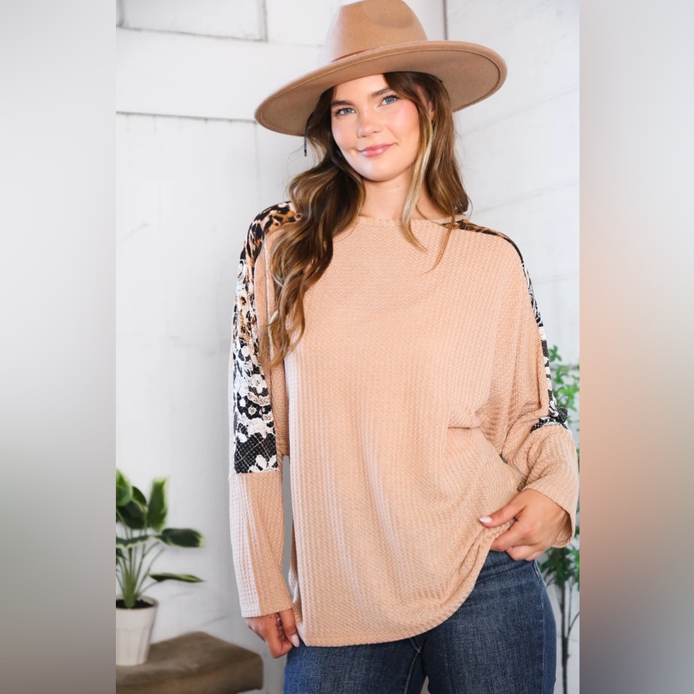 062 And The Why Taupe Thermal Waffle Knit Animal Print Long Sleeve Top - Medium